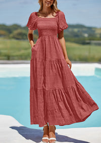 PRETTYGARDEN Womens Summer Puff Short Sleeve Maxi Dress Square Neck Smocked Tiered Ruffle A Line Long Flowy Beach Dresses