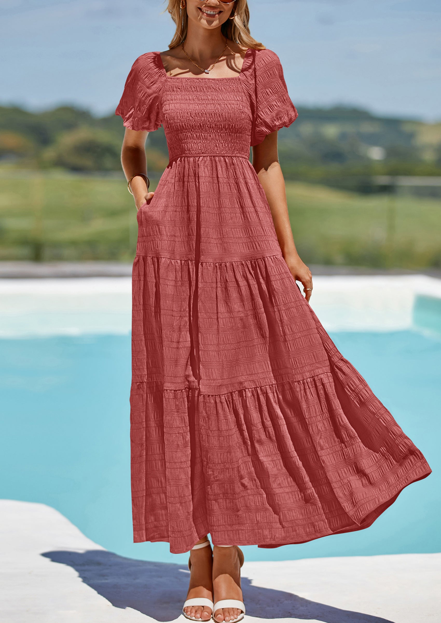 PRETTYGARDEN Womens Summer Puff Short Sleeve Maxi Dress Square Neck Smocked Tiered Ruffle A Line Long Flowy Beach Dresses