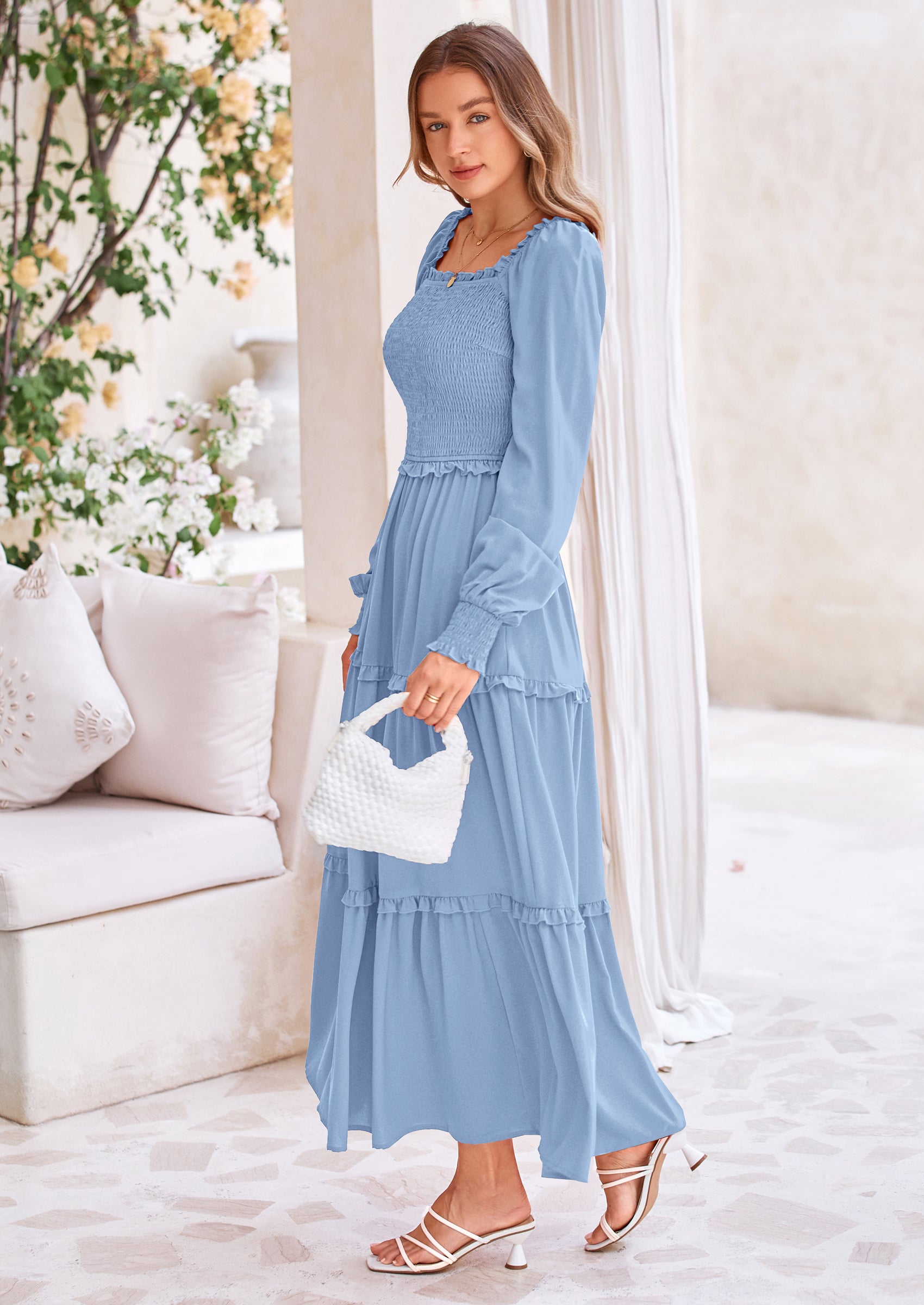 PRETTYGARDEN Fall Wedding Guest Dresses for Women Long Sleeve Square Neck Tiered A Line Modest Elegant Flowy Dresses