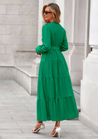 PRETTYGARDEN Fall Dresses for Women Long Sleeve V Neck Belted Ruffle A Line Flowy Boho Maxi Wedding Guest Dress Pockets