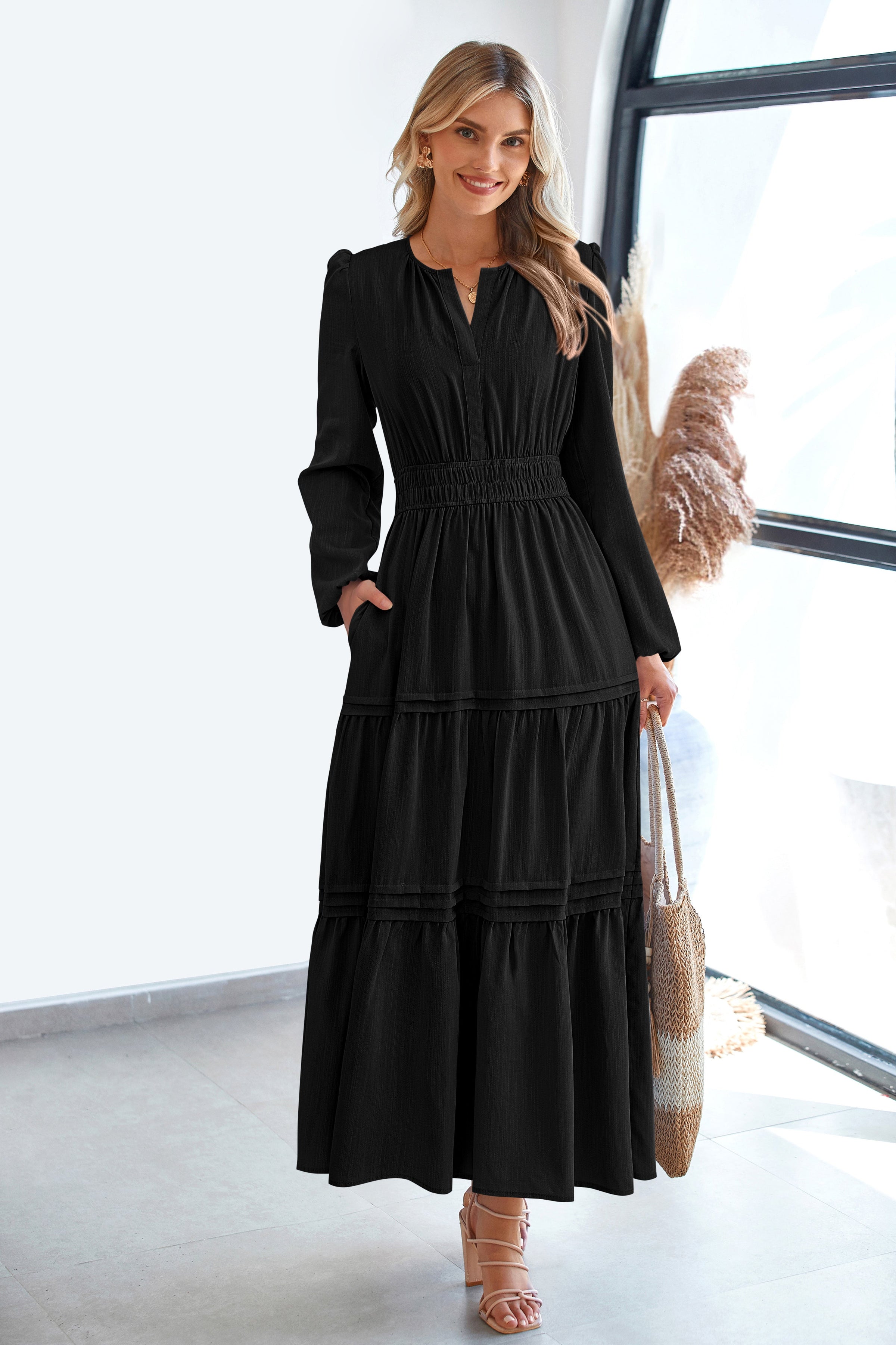 PRETTYGARDEN Women's Elegant Maxi Dresses Long Sleeve V Neck Flowy Poc PRETTYGARDEN Women's Elegant Maxi Dresses Long Sleeve V Neck Flowy Poc