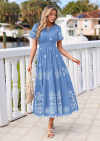 PRETTYGARDEN Boho Dresses for Women Summer Spring Casual Floral Short Sleeve V Neck Maxi Elastic Waist Dress Pockets