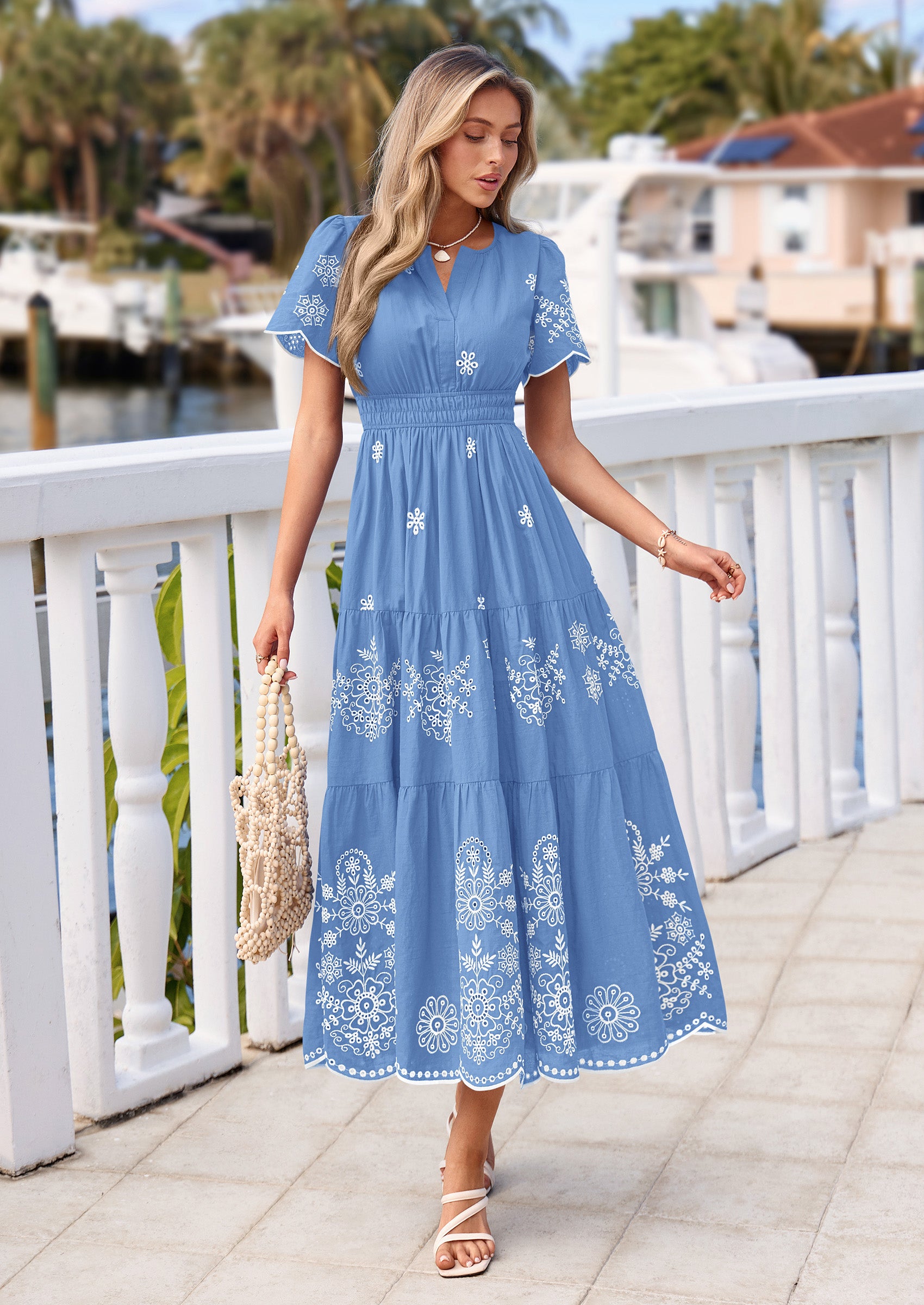 PRETTYGARDEN Boho Dresses for Women Summer Spring Casual Floral Short Sleeve V Neck Maxi Elastic Waist Dress Pockets