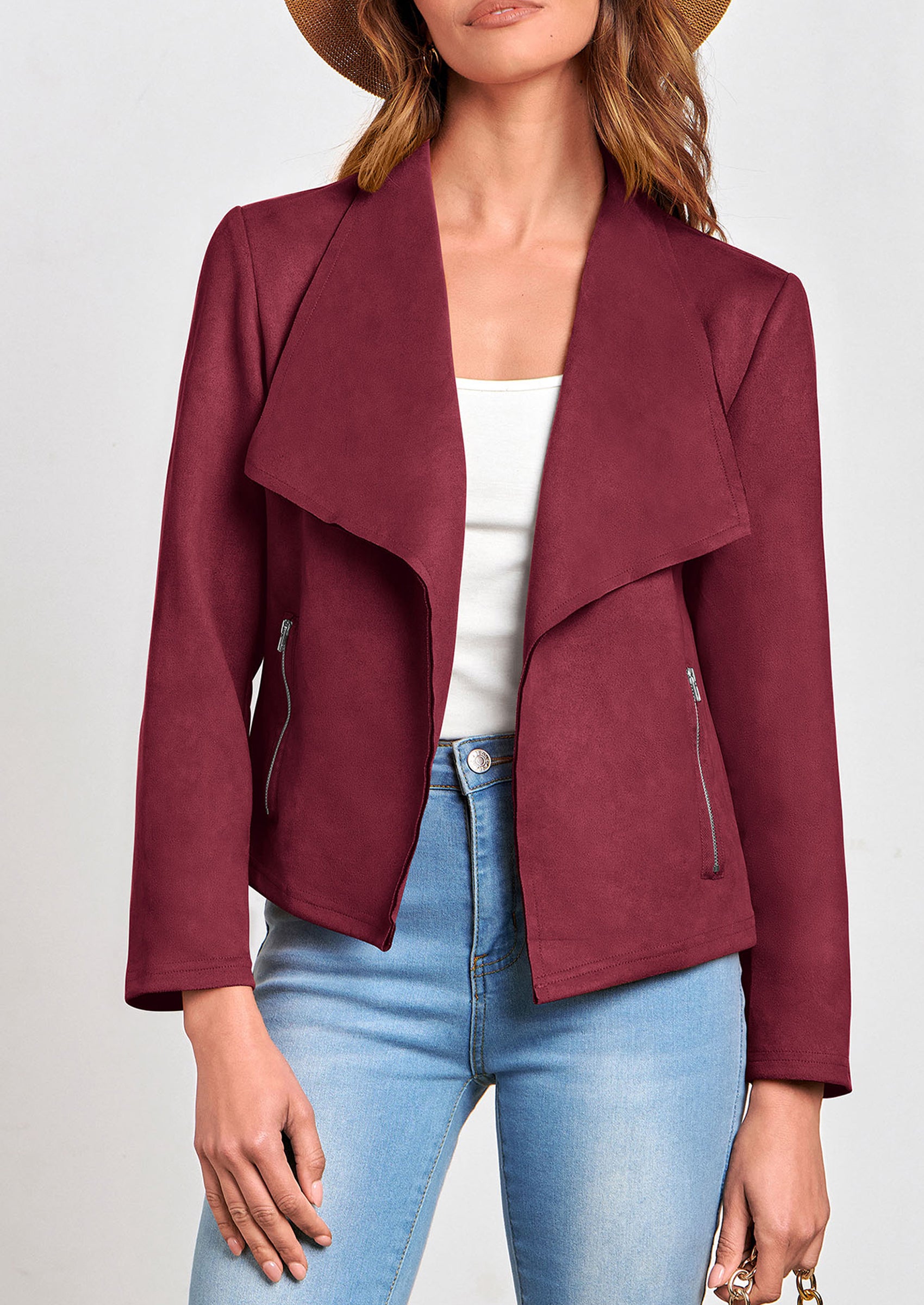 PRETTYGARDEN Women's Faux Suede Jackets Fashion Fall Clothes Long Sleeve Open Front Cropped Coat Outwear