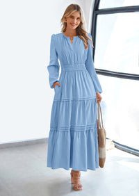 PRETTYGARDEN Women's Elegant Maxi Dresses Long Sleeve V Neck Flowy Pockets Casual Modest Dress Fall Fashion Clothes
