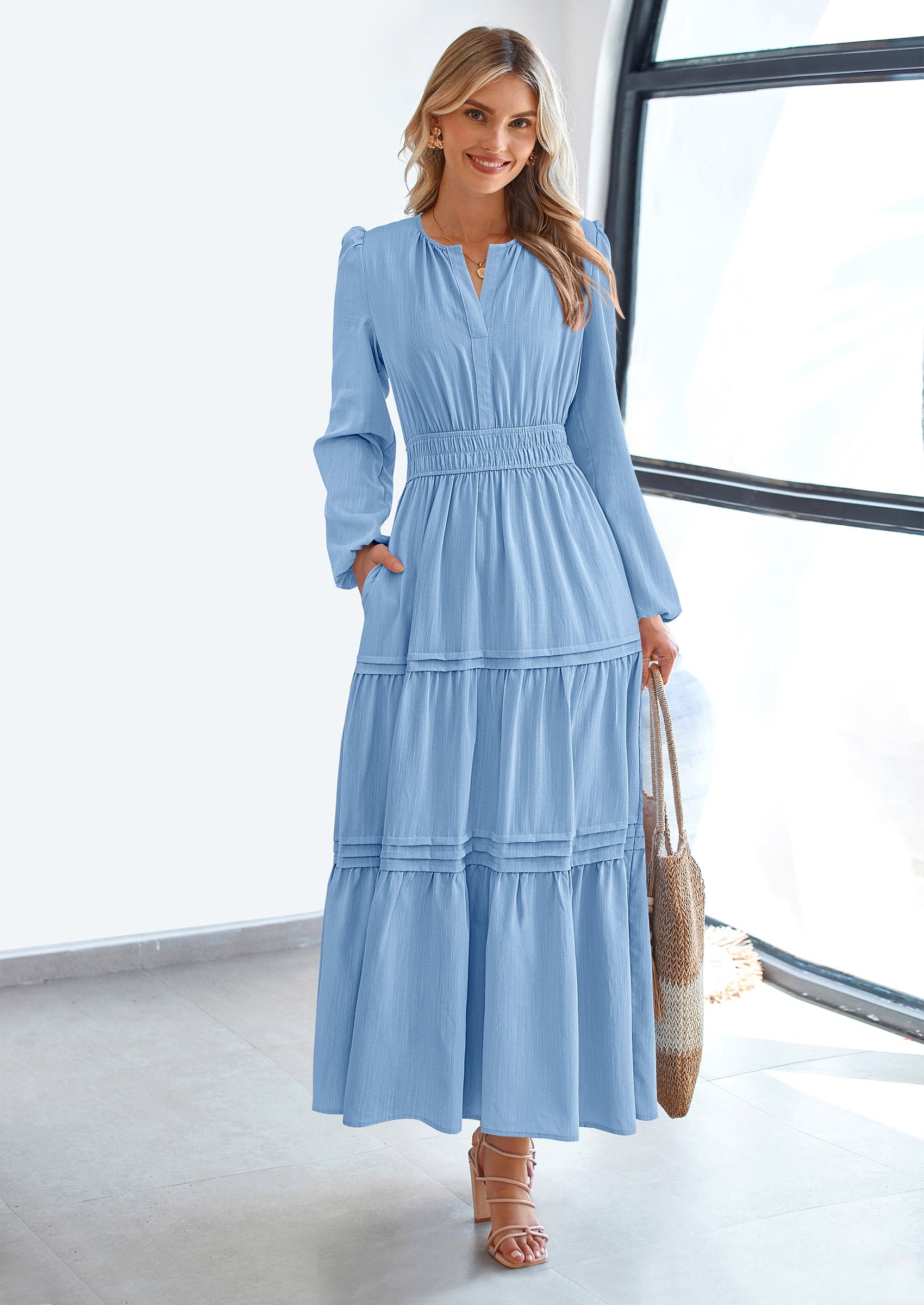 PRETTYGARDEN Women's Elegant Maxi Dresses Long Sleeve V Neck Flowy Pockets Casual Modest Dress Fall Fashion Clothes