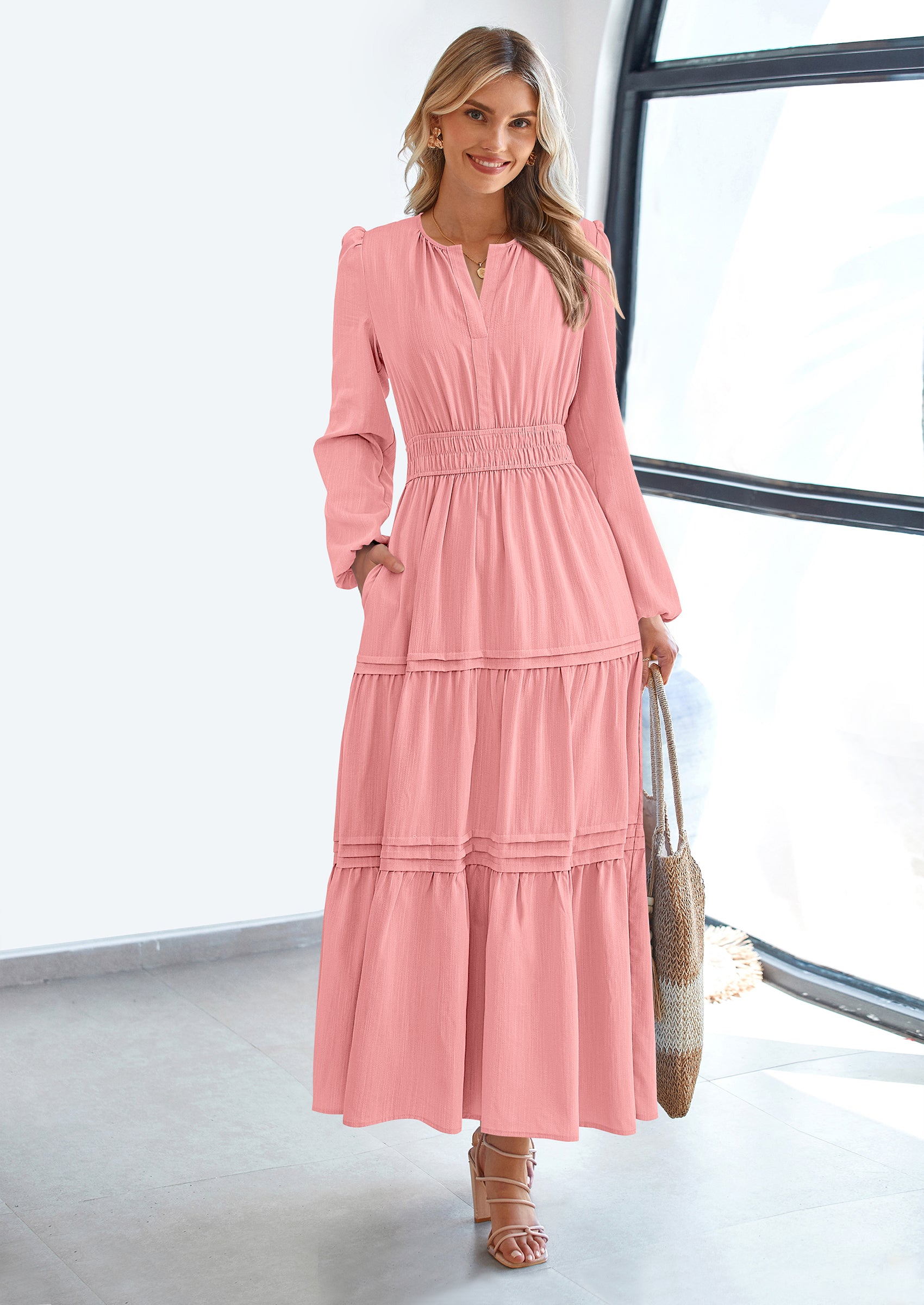 PRETTYGARDEN Women's Elegant Maxi Dresses Long Sleeve V Neck Flowy Pockets Casual Modest Dress Fall Fashion Clothes
