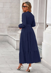 PRETTYGARDEN Fall Dresses for Women Long Sleeve V Neck Belted Ruffle A Line Flowy Boho Maxi Wedding Guest Dress Pockets