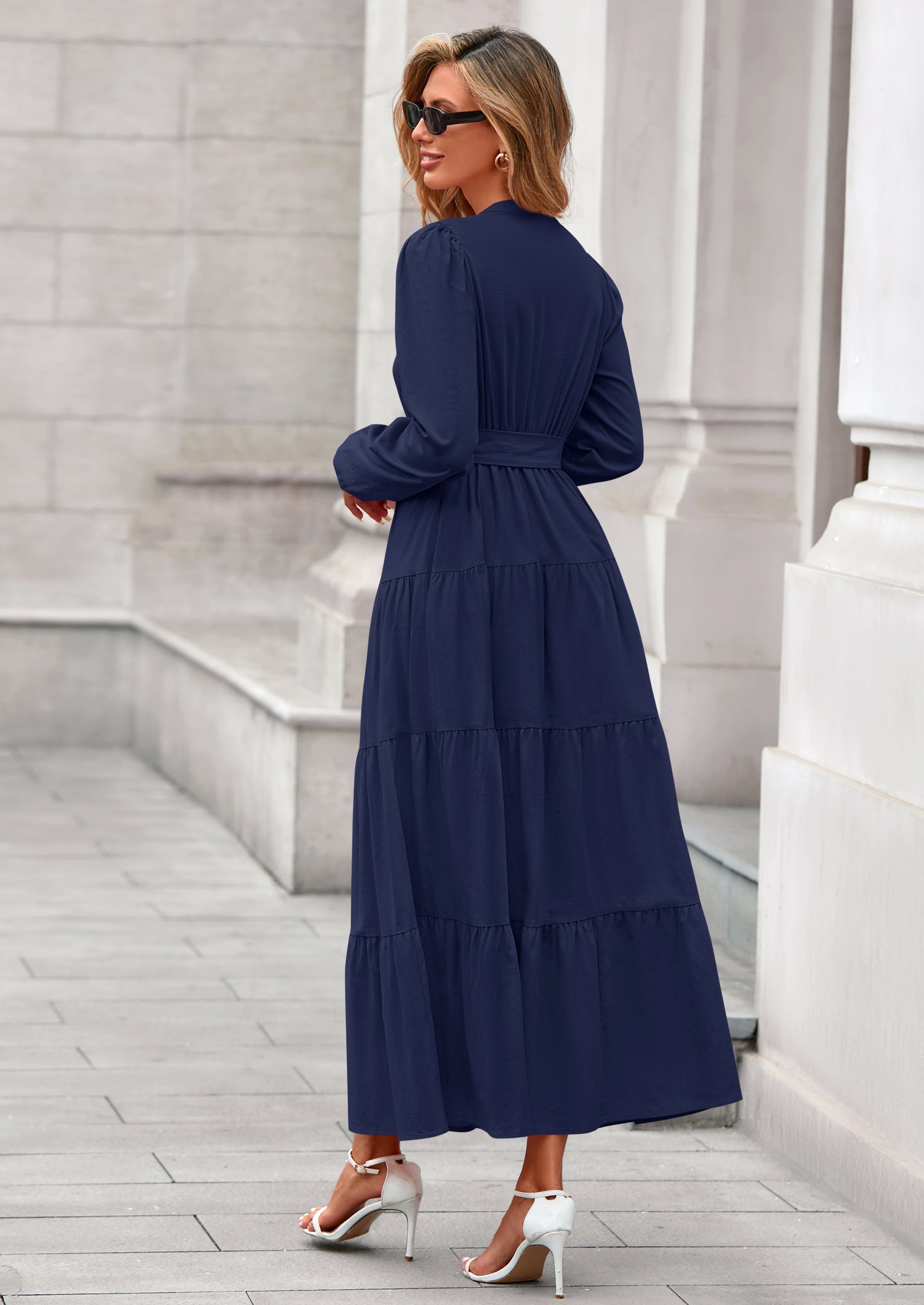 PRETTYGARDEN Fall Dresses for Women Long Sleeve V Neck Belted Ruffle A Line Flowy Boho Maxi Wedding Guest Dress Pockets