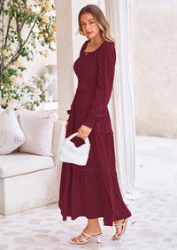 PRETTYGARDEN Fall Wedding Guest Dresses for Women Long Sleeve Square Neck Tiered A Line Modest Elegant Flowy Dresses