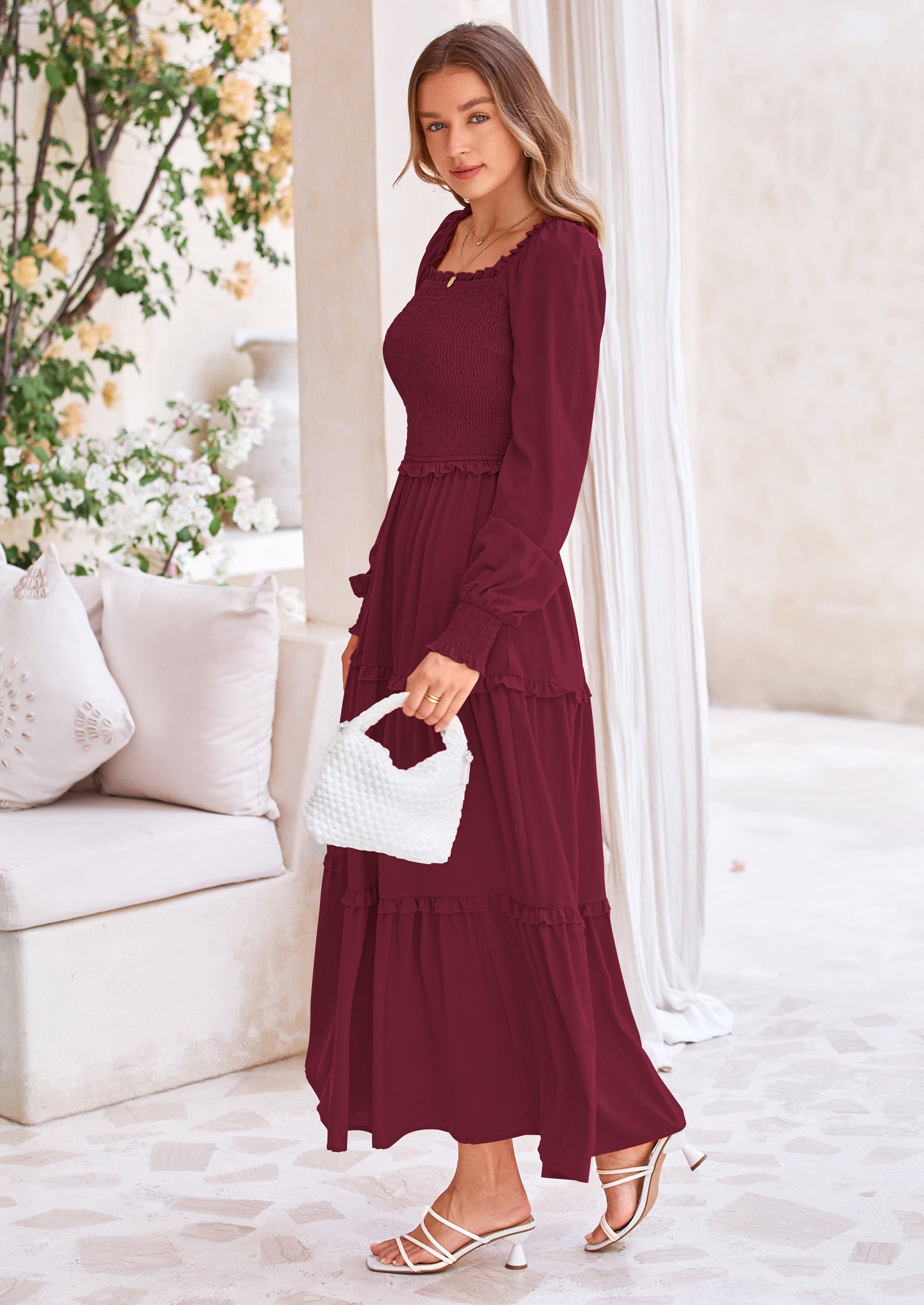 PRETTYGARDEN Fall Wedding Guest Dresses for Women Long Sleeve Square Neck Tiered A Line Modest Elegant Flowy Dresses