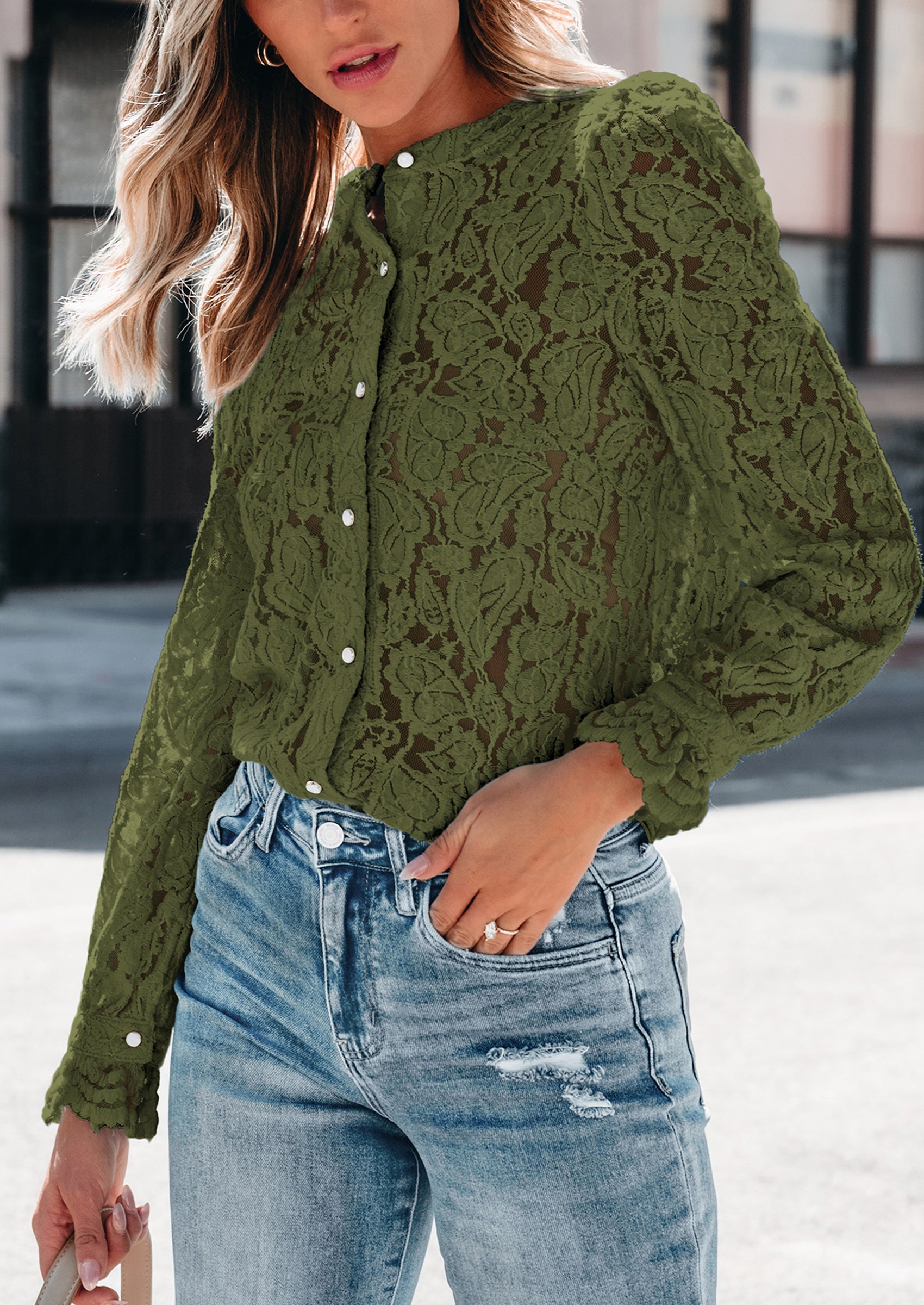 PRETTYGARDEN Women's Dressy Casual Lace Blouse Long Sleeve Button Up Shirts Tops Spring Fall Fashion Clothes