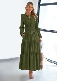 PRETTYGARDEN Women's Elegant Maxi Dresses Long Sleeve V Neck Flowy Pockets Casual Modest Dress Fall Fashion Clothes