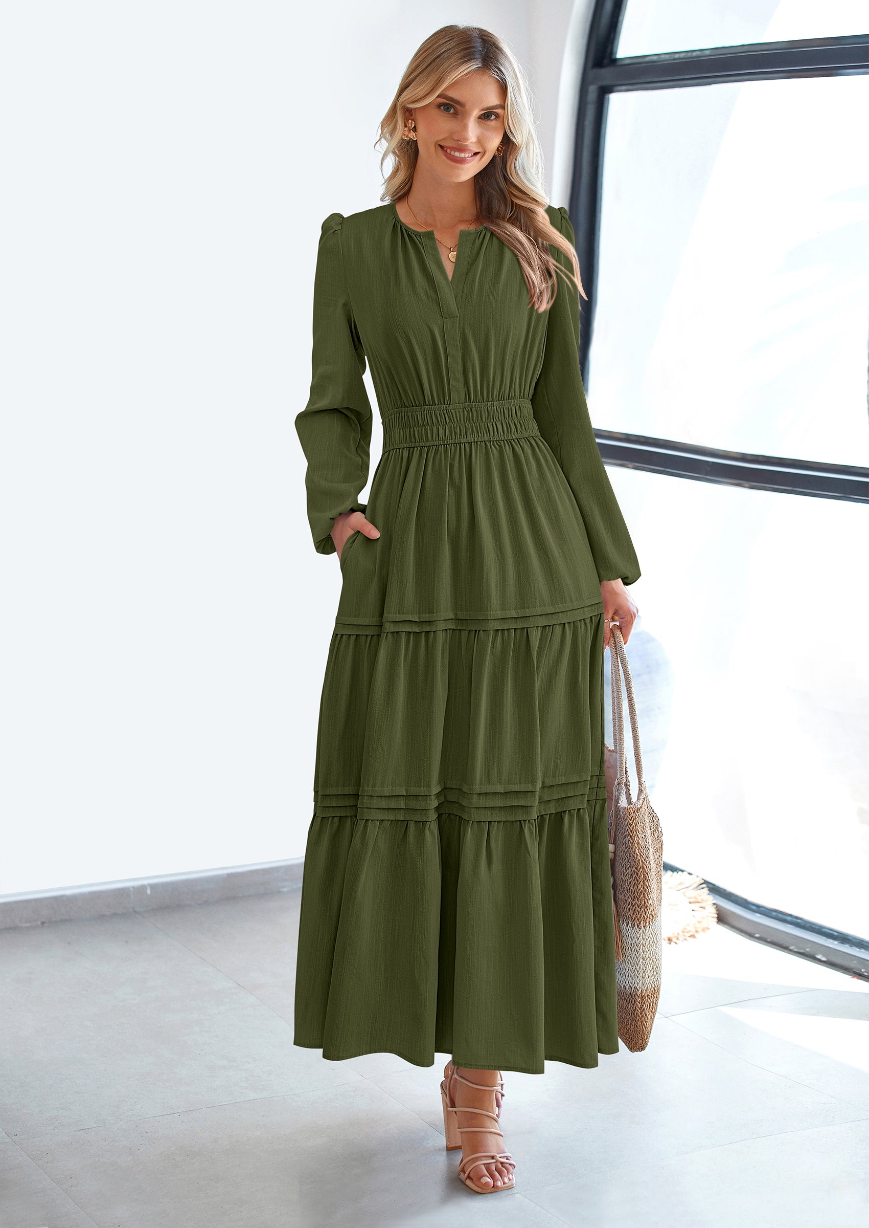 PRETTYGARDEN Women's Elegant Maxi Dresses Long Sleeve V Neck Flowy Pockets Casual Modest Dress Fall Fashion Clothes