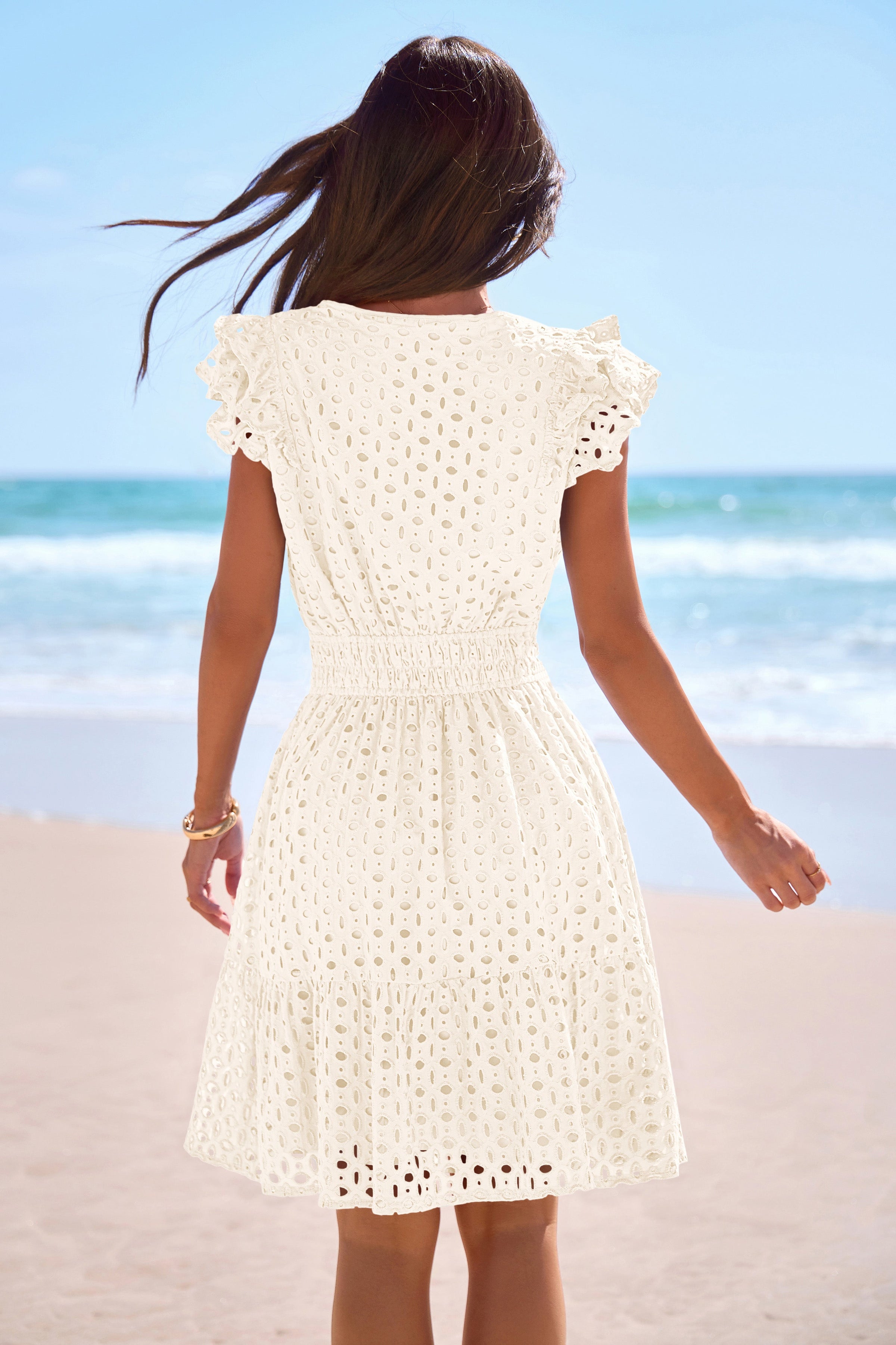 PRETTYGARDEN Women's Summer Sundresses Eyelet Cap Sleeve V Neck Short Boho Wedding Guest Dress Beach Vacation Clothes PRETTYGARDEN