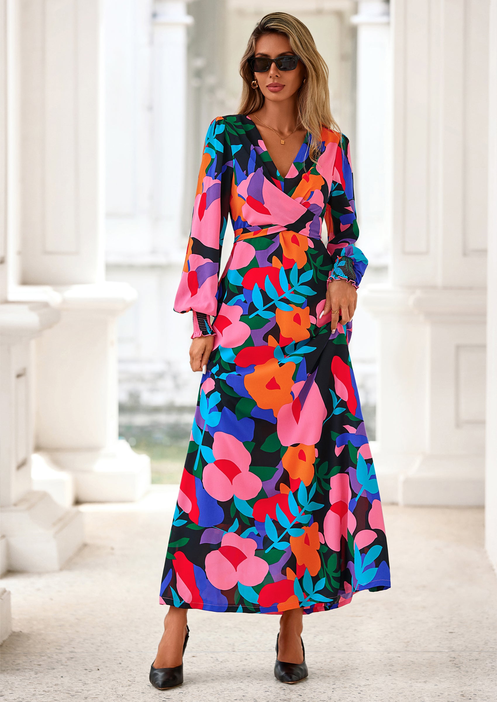 PRETTYGARDEN Women's Fall Boho Maxi Dress Floral Long Sleeve V Neck Flowy Belted Elegant Holiday Party Dresses