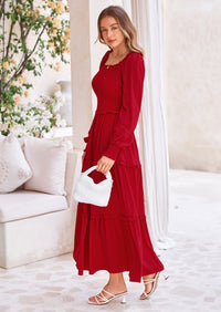 PRETTYGARDEN Fall Wedding Guest Dresses for Women Long Sleeve Square Neck Tiered A Line Modest Elegant Flowy Dresses