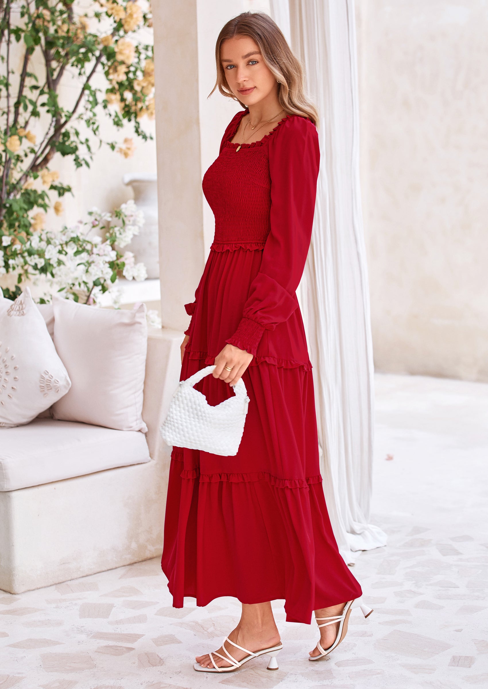 PRETTYGARDEN Fall Wedding Guest Dresses for Women Long Sleeve Square Neck Tiered A Line Modest Elegant Flowy Dresses
