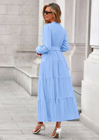 PRETTYGARDEN Fall Dresses for Women Long Sleeve V Neck Belted Ruffle A Line Flowy Boho Maxi Wedding Guest Dress Pockets