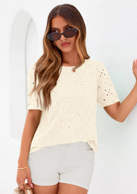 PRETTYGARDEN Women's Puff Short Sleeve Eyelet Shirts Summer Lace Blouses Dressy Casual Work Tops Spring Teacher Clothes PRETTYGARDEN