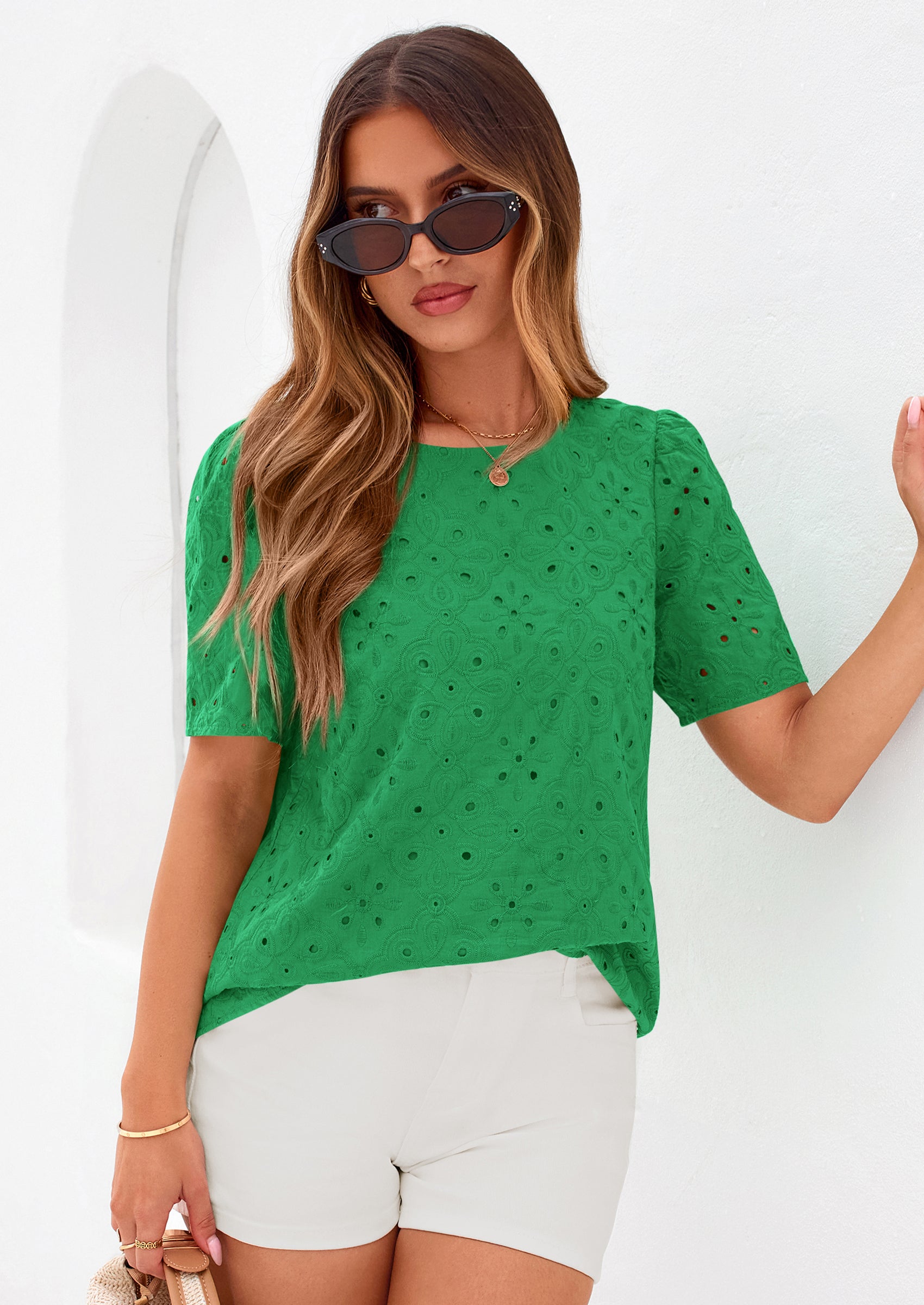 PRETTYGARDEN Women's Puff Short Sleeve Eyelet Shirts Summer Lace Blouses Dressy Casual Work Tops Spring Teacher Clothes PRETTYGARDEN