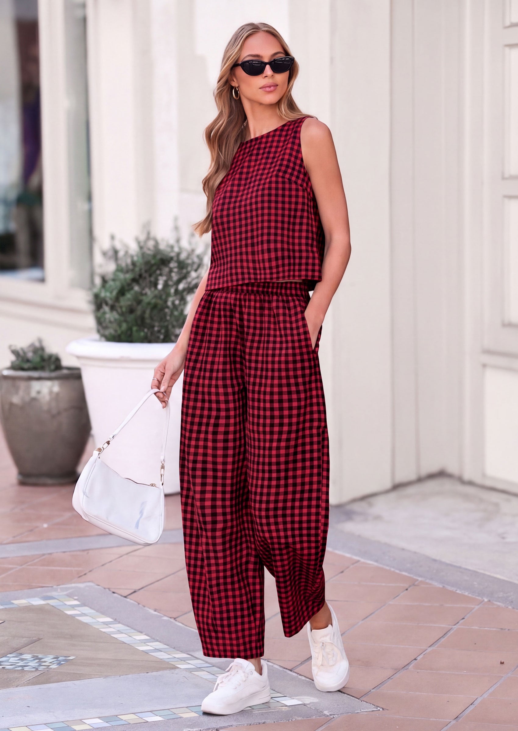 PRETTYGARDEN Womens 2 Piece Sets Summer Plaid Sleeveless Tops Wide Leg Pants Matching Lounge Set Beach Vacation Outfits