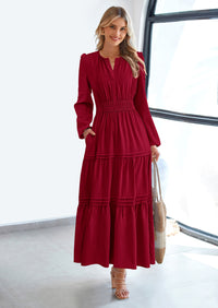 PRETTYGARDEN Women's Elegant Maxi Dresses Long Sleeve V Neck Flowy Pockets Casual Modest Dress Fall Fashion Clothes