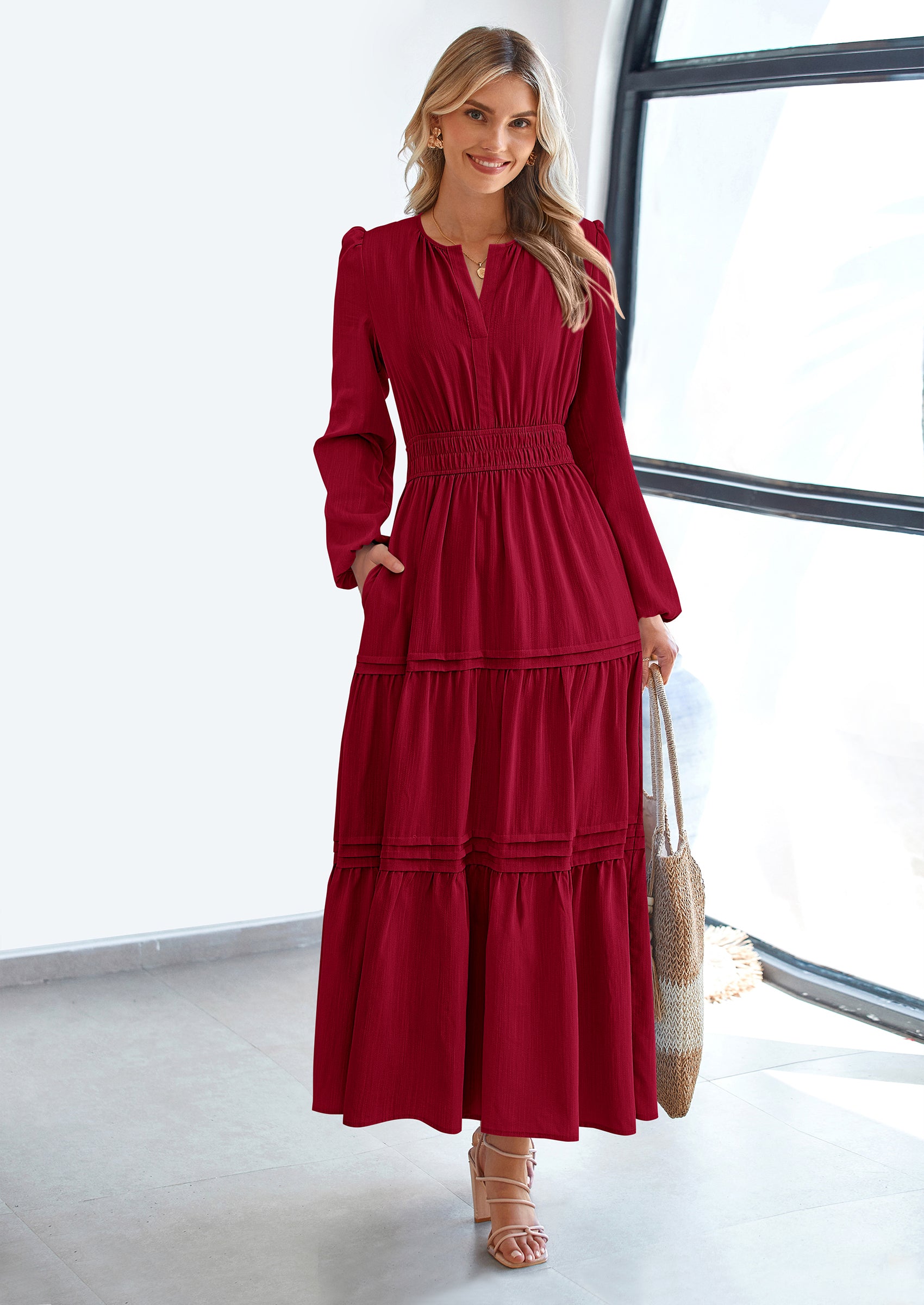 PRETTYGARDEN Women's Elegant Maxi Dresses Long Sleeve V Neck Flowy Pockets Casual Modest Dress Fall Fashion Clothes