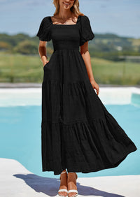 PRETTYGARDEN Womens Summer Puff Short Sleeve Maxi Dress Square Neck Smocked Tiered Ruffle A Line Long Flowy Beach Dresses