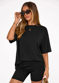 PRETTYGARDEN Women's Two Piece Matching Lounge Sets Summer Casual Tops Short Sleeve Shirts Shorts Travel Airport Outfits PRETTYGARDEN