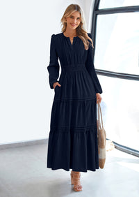 PRETTYGARDEN Women's Elegant Maxi Dresses Long Sleeve V Neck Flowy Pockets Casual Modest Dress Fall Fashion Clothes