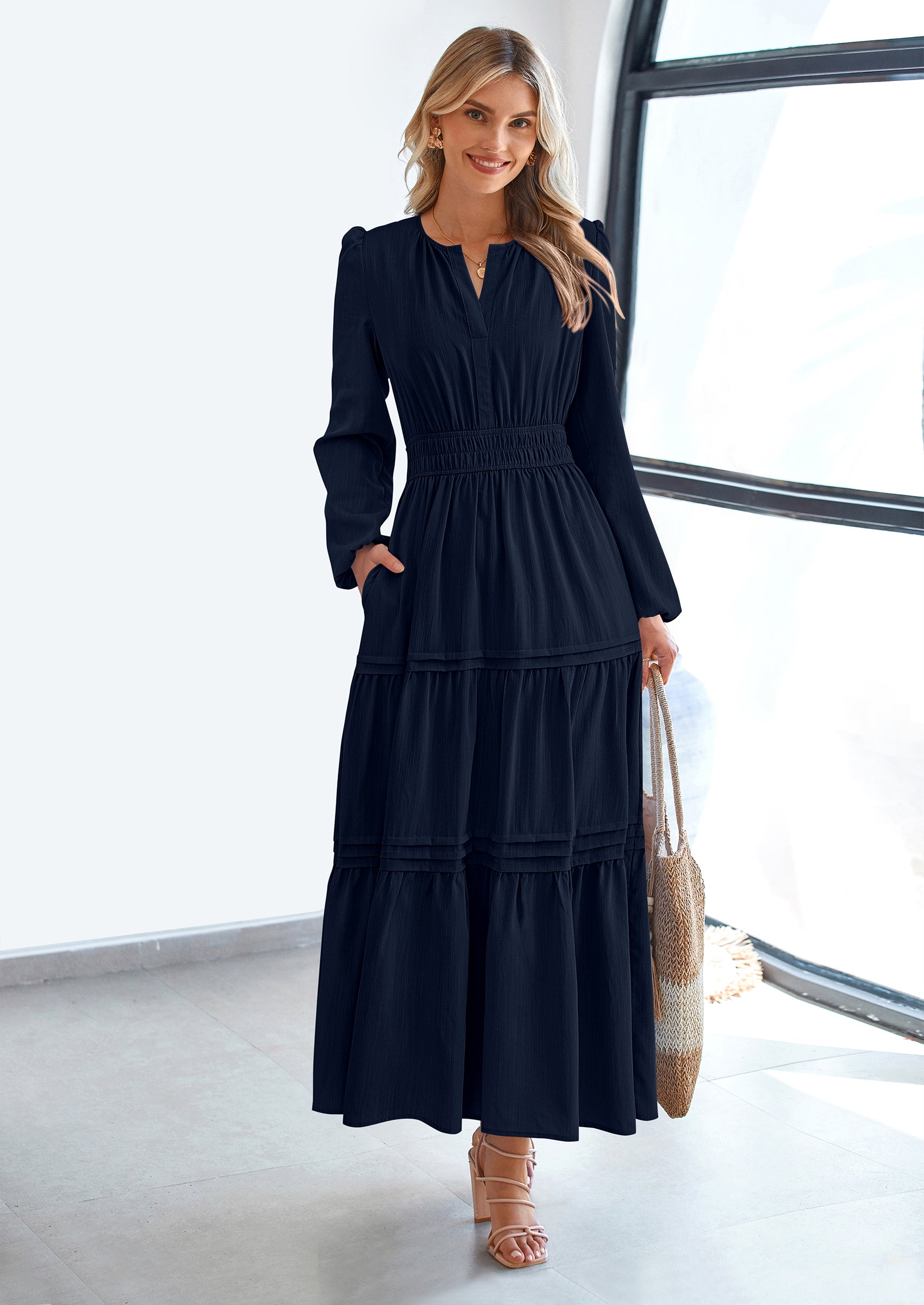 PRETTYGARDEN Women's Elegant Maxi Dresses Long Sleeve V Neck Flowy Pockets Casual Modest Dress Fall Fashion Clothes
