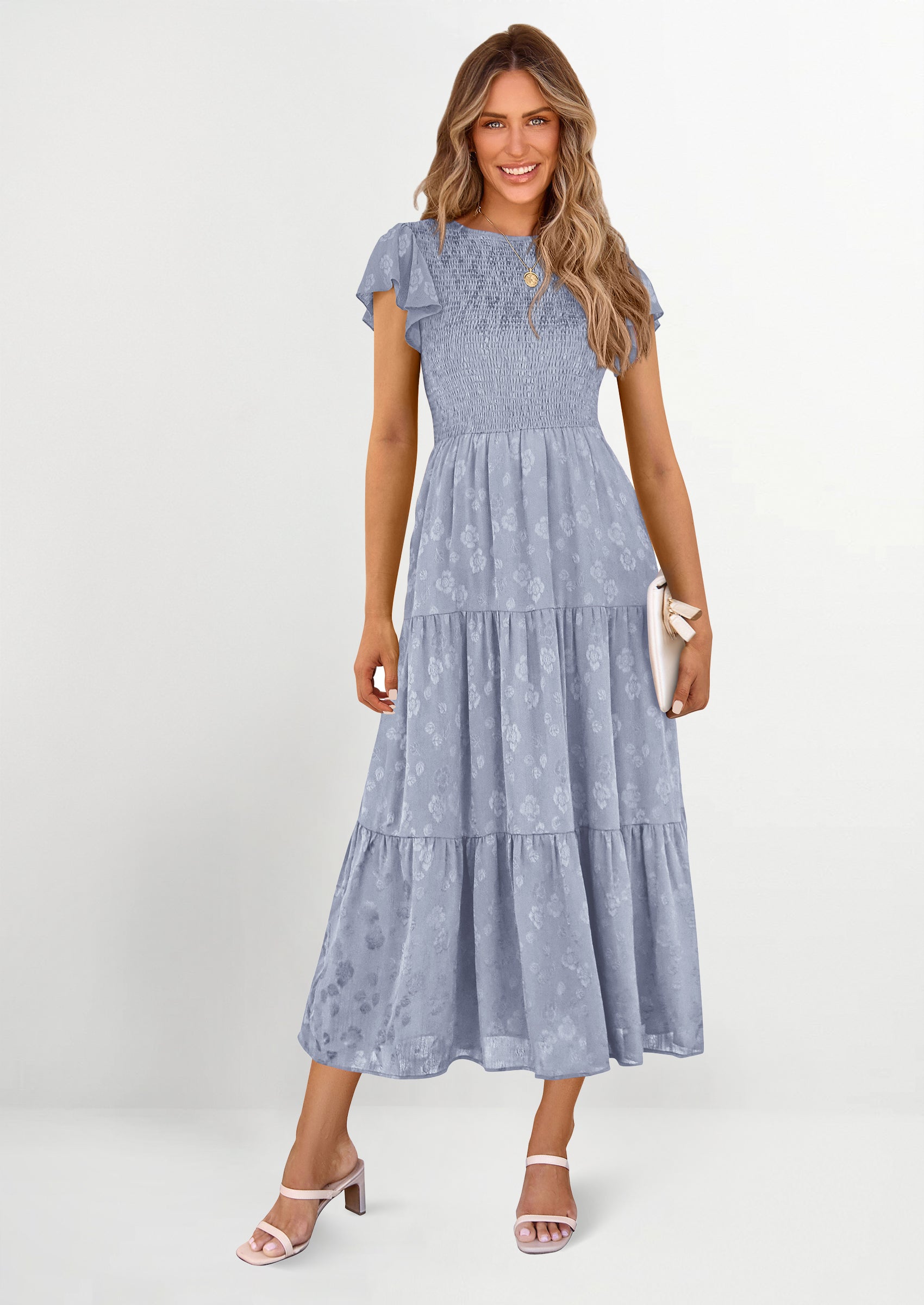 PRETTYGARDEN Midi Dress for Women Summer Floral Cap Sleeve Smocked Ruffle A Line Long Flowy Wedding Guest Dresses