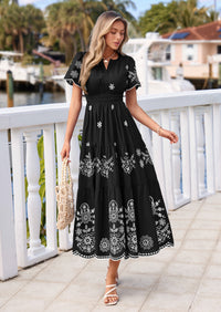 PRETTYGARDEN Boho Dresses for Women Summer Spring Casual Floral Short Sleeve V Neck Maxi Elastic Waist Dress Pockets