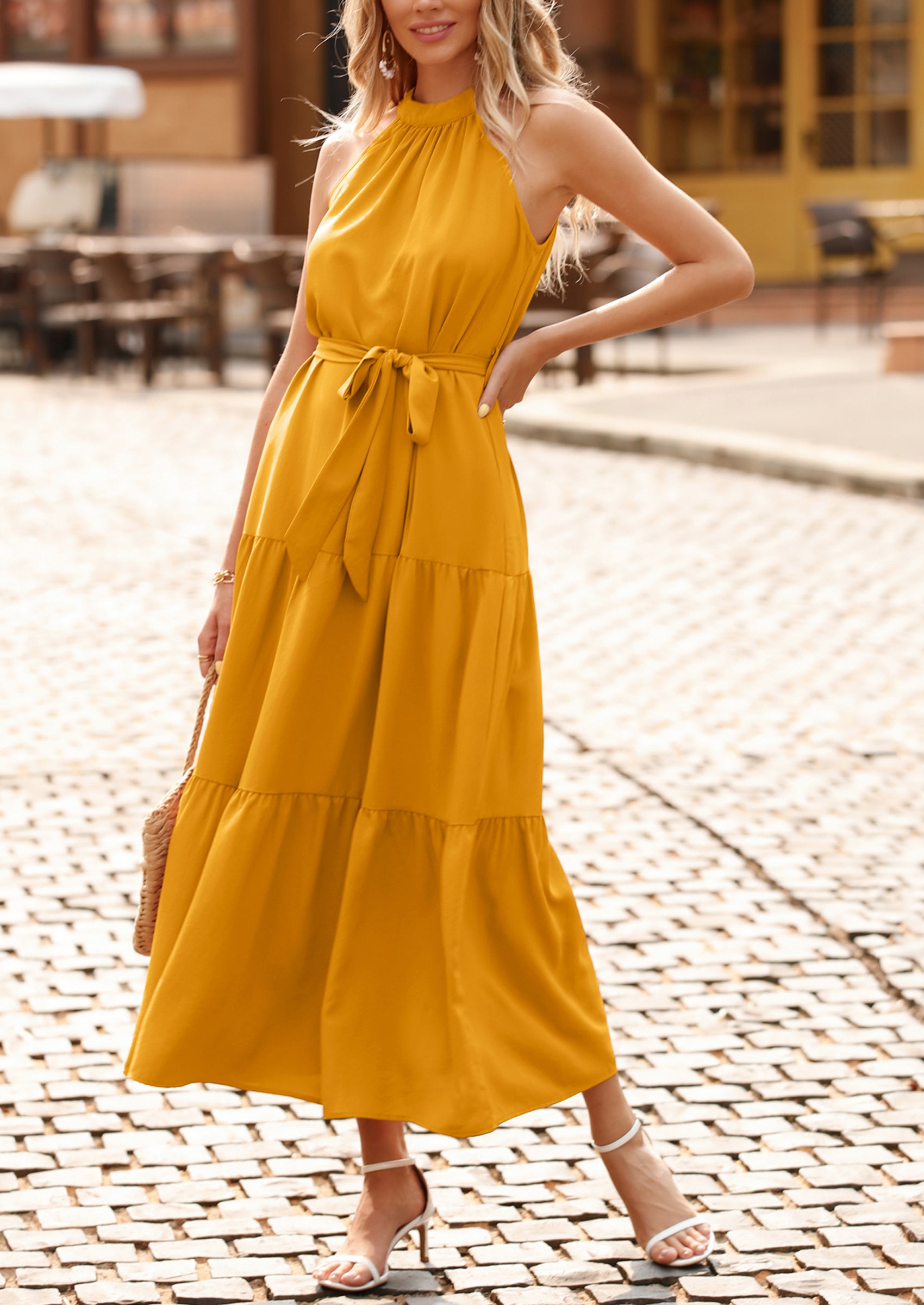 PRETTYGARDEN Women's Summer Floral Maxi Sun Dress Sleeveless Halter Neck Flowy Ruffle Hem Long Boho Dresses with Belt