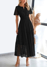 Womens 2025 Summer Maxi Dress Short Sleeve V Neck Hollow Out Eyelet A Line Long Flowy Beach Vacation Dresses