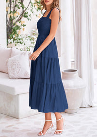 Womens Smocked Summer  Ruffle A Line Long Flowy Dresses Cute Sleeveless Beach Sundress Midi Dress