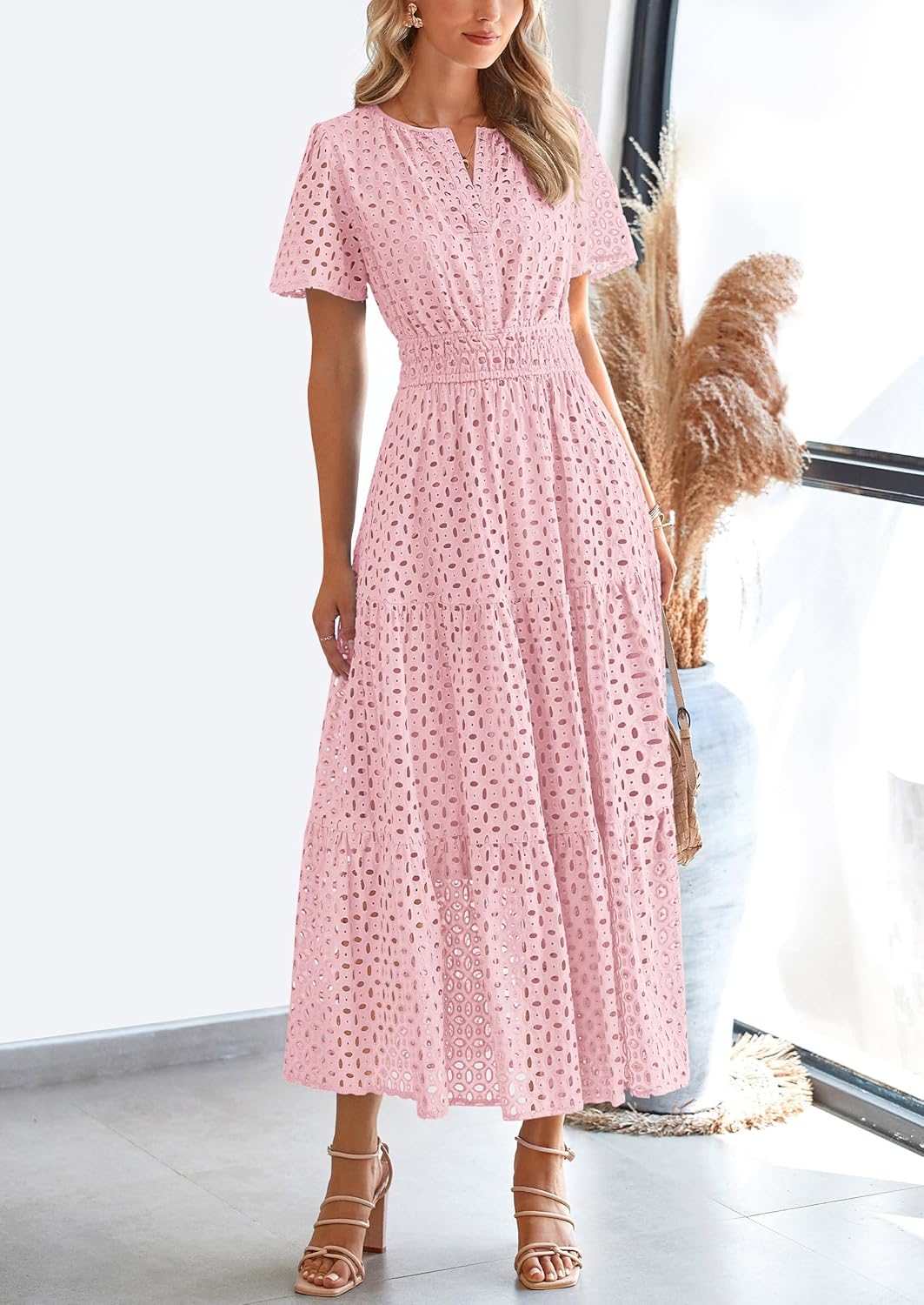 Womens 2025 Summer Maxi Dress Short Sleeve V Neck Hollow Out Eyelet A Line Long Flowy Beach Vacation Dresses