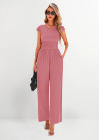 PRETTYGARDEN Summer Jumpsuits Ribbed Cap Sleeve Wide Leg Pants Women's Rompers Elegant Casual Trendy Vacation Outfits
