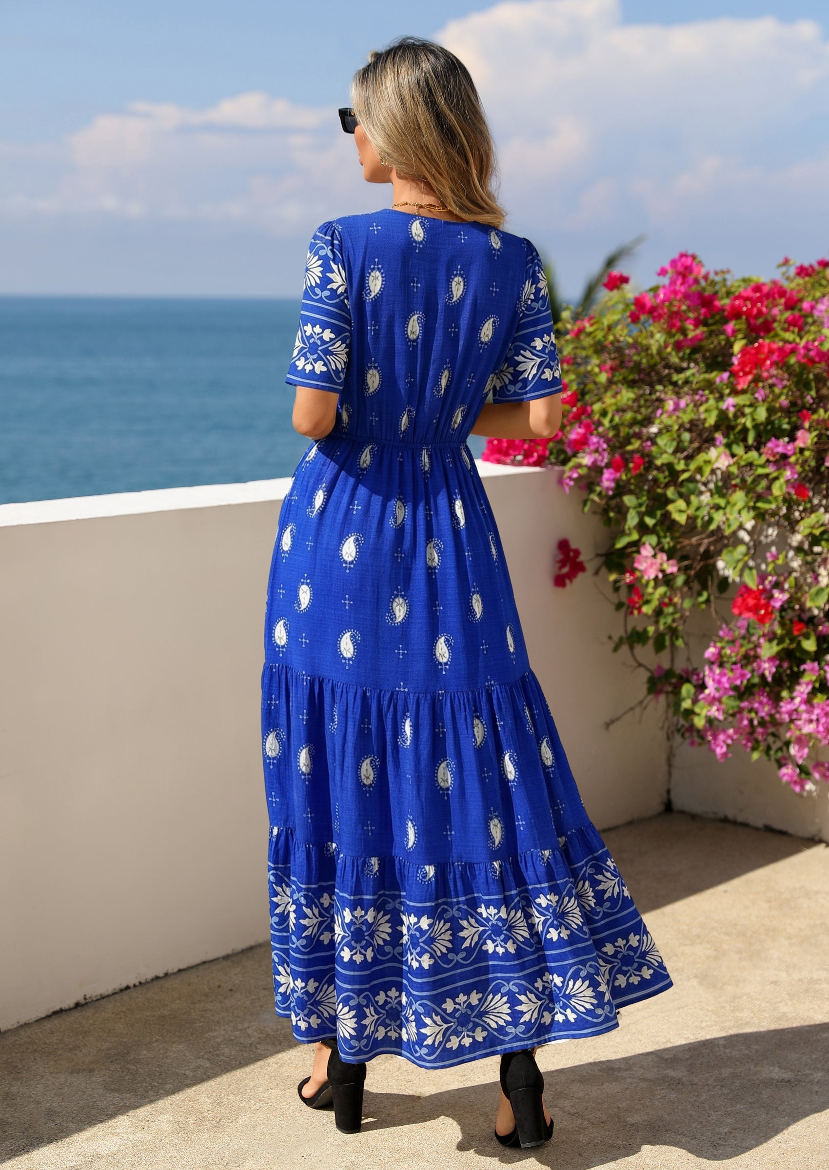 PRETTYGARDEN Womens Summer Boho Maxi Dress Trendy Short Sleeve V Neck Flowy Beach Floral Dresses with Pockets PRETTYGARDEN