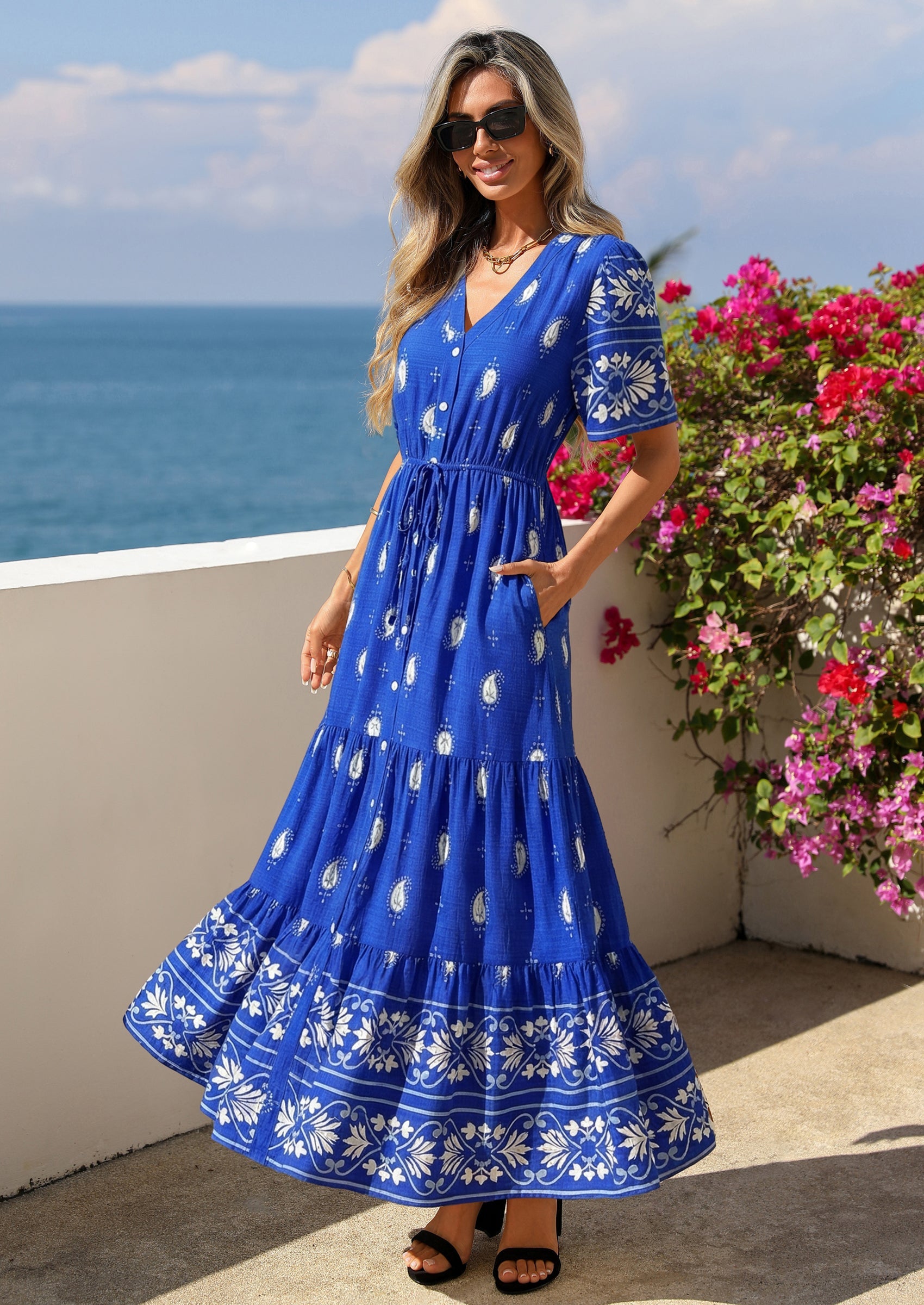 PRETTYGARDEN Womens Summer Boho Maxi Dress Trendy Short Sleeve V Neck Flowy Beach Floral Dresses with Pockets PRETTYGARDEN