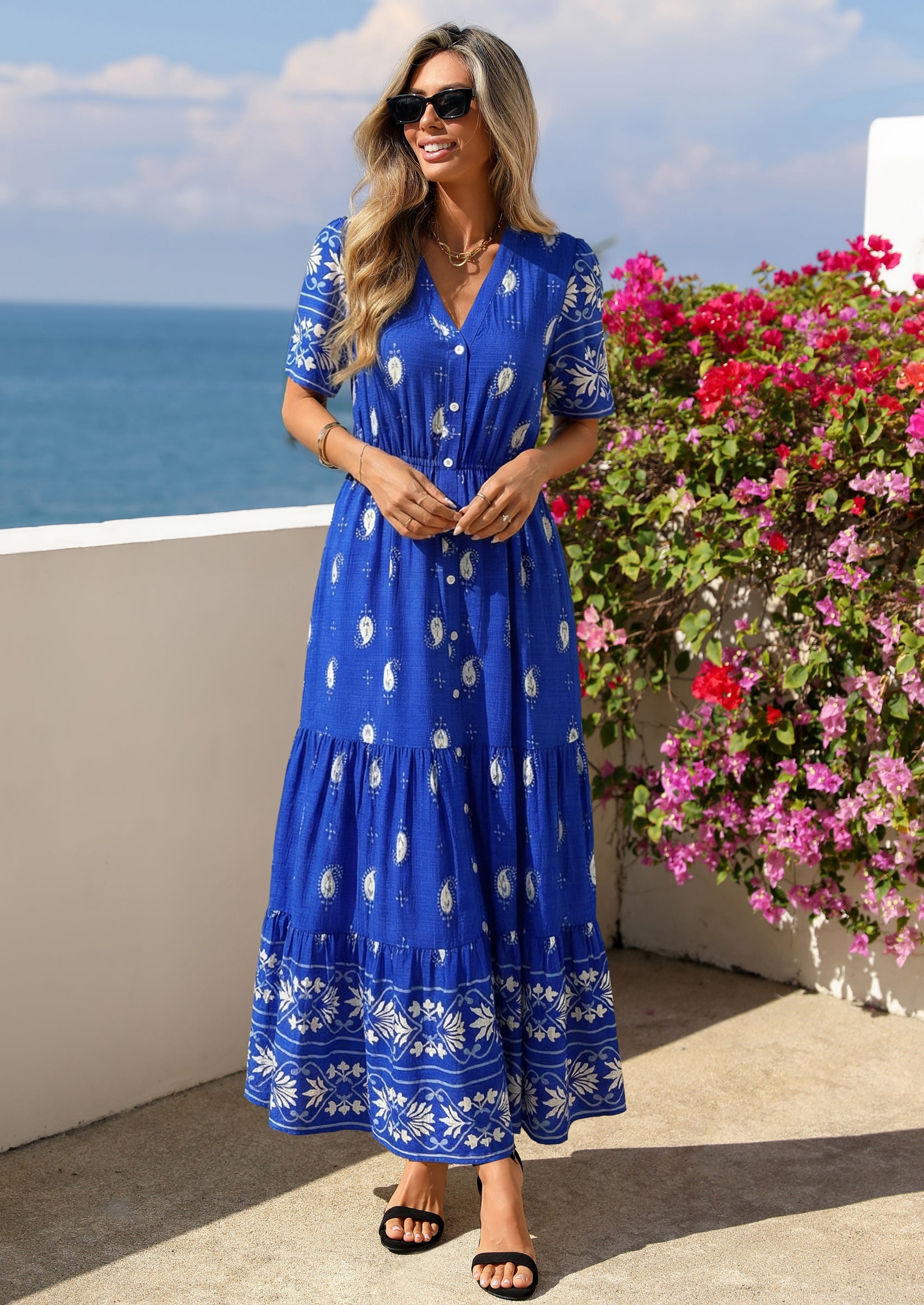 PRETTYGARDEN Womens Summer Boho Maxi Dress Trendy Short Sleeve V Neck Flowy Beach Floral Dresses with Pockets PRETTYGARDEN