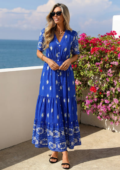 PRETTYGARDEN Womens Summer Boho Maxi Dress Trendy Short Sleeve V Neck Flowy Beach Floral Dresses with Pockets PRETTYGARDEN