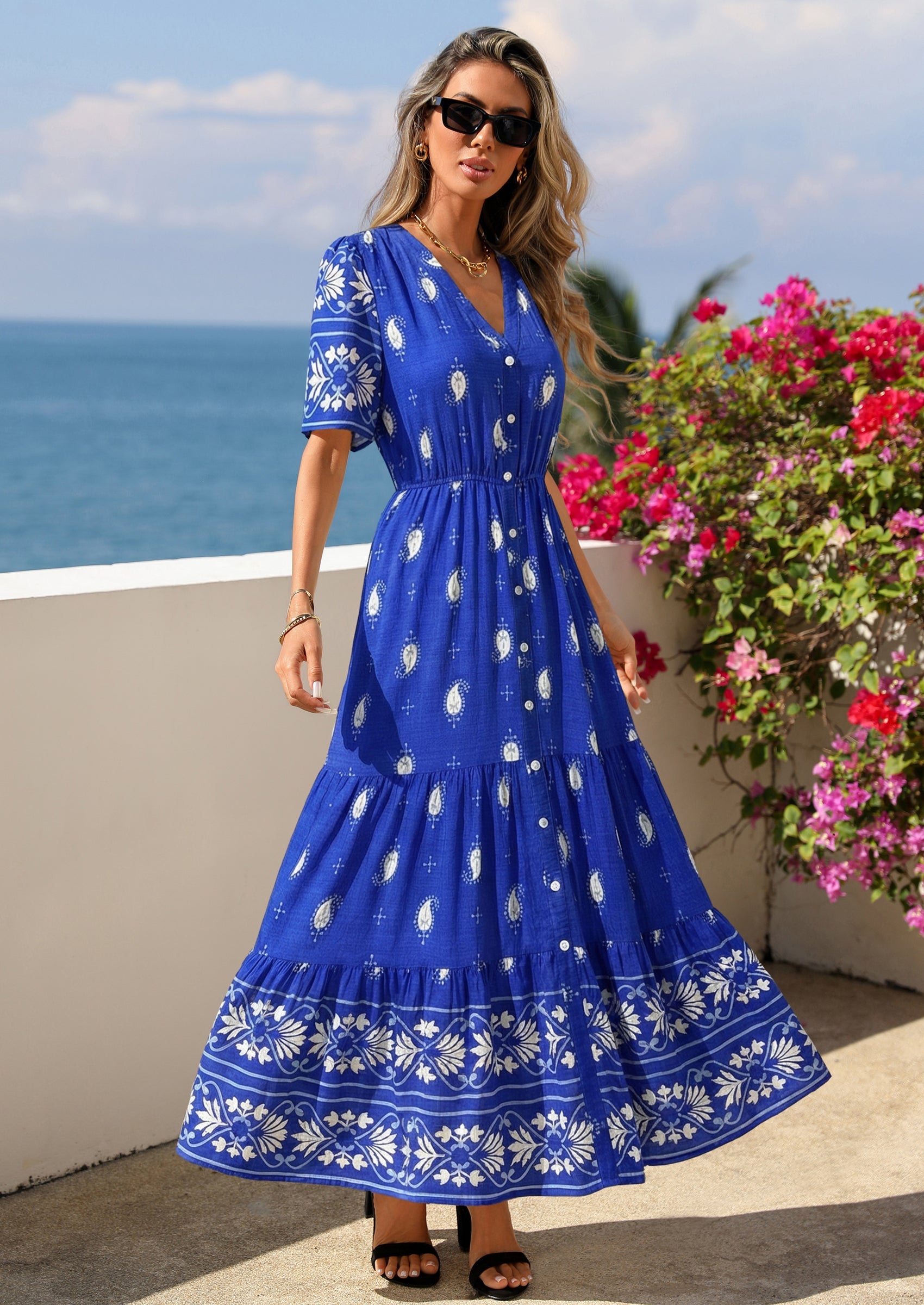 PRETTYGARDEN Womens Summer Boho Maxi Dress Trendy Short Sleeve V Neck PRETTYGARDEN Womens Summer Boho Maxi Dress Trendy Short Sleeve V Neck