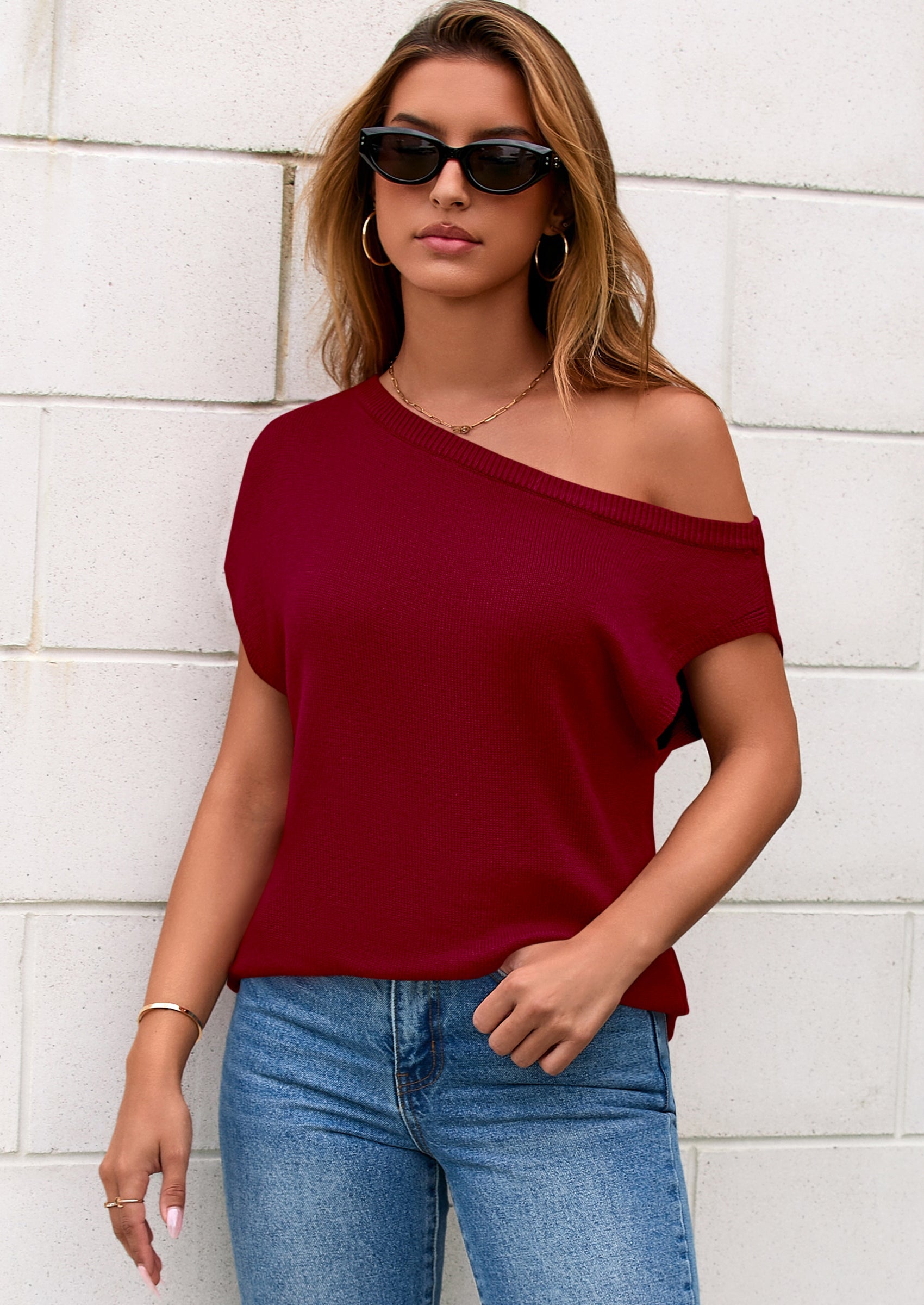 PRETTYGARDEN Womens Off The Shoulder Tops Summer Casual Short Sleeve Tunic T Shirts Lightweight Knit Sweaters PRETTYGARDEN