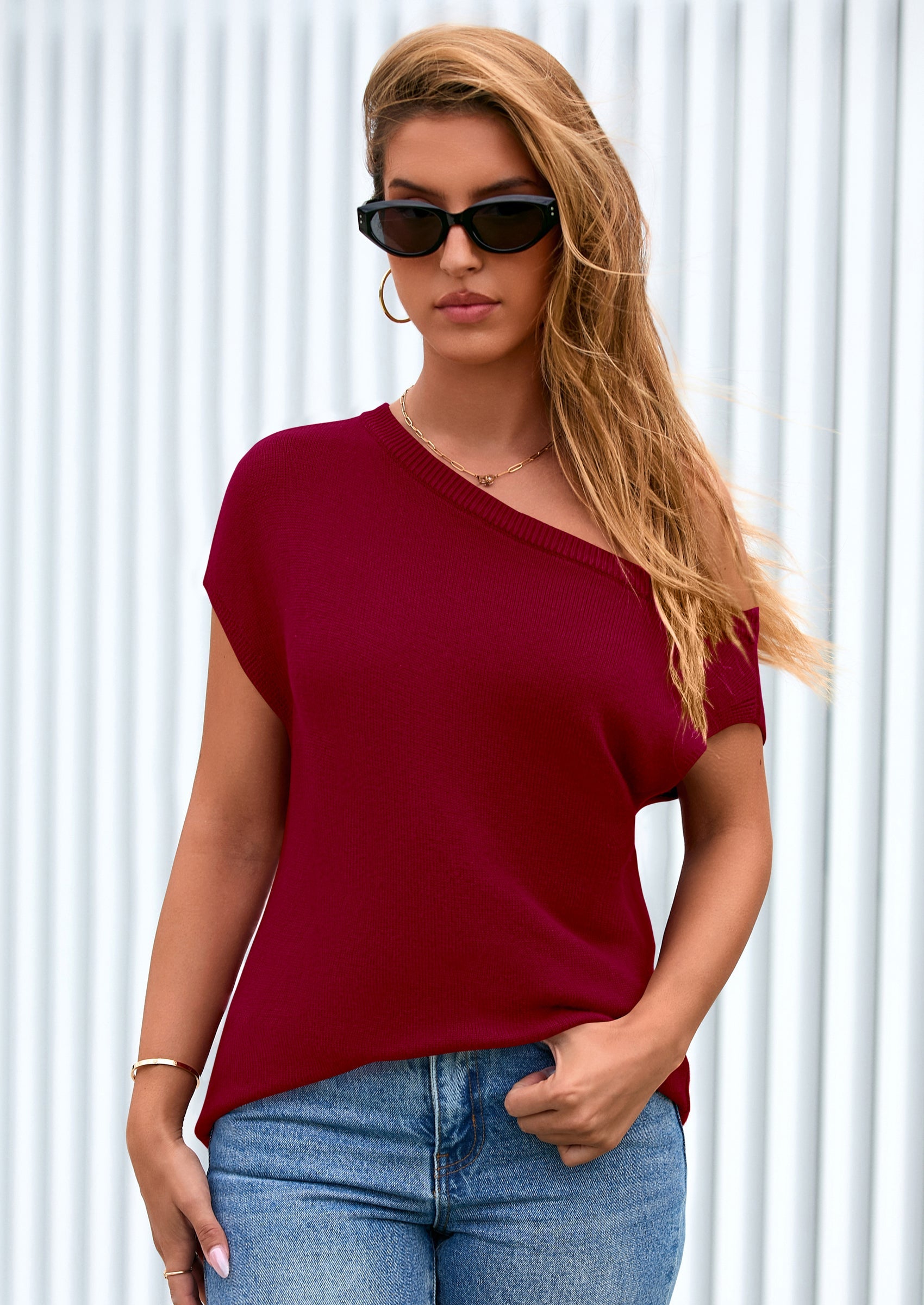 PRETTYGARDEN Womens Off The Shoulder Tops Summer Casual Short Sleeve Tunic T Shirts Lightweight Knit Sweaters PRETTYGARDEN