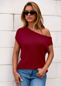 PRETTYGARDEN Womens Off The Shoulder Tops Summer Casual Short Sleeve Tunic T Shirts Lightweight Knit Sweaters PRETTYGARDEN