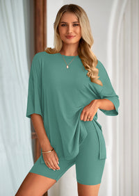 PRETTYGARDEN Women's Two Piece Lounge Set Summer Casual Oversized Shirts Biker Shorts Matching Airport Travel Outfit