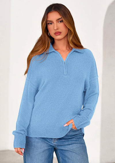 PRETTYGARDEN Womens Sweaters Quarter Zip Pullover Early Fall Fashion Long Sleeve V Neck Collared Knit Winter Jumper Tops