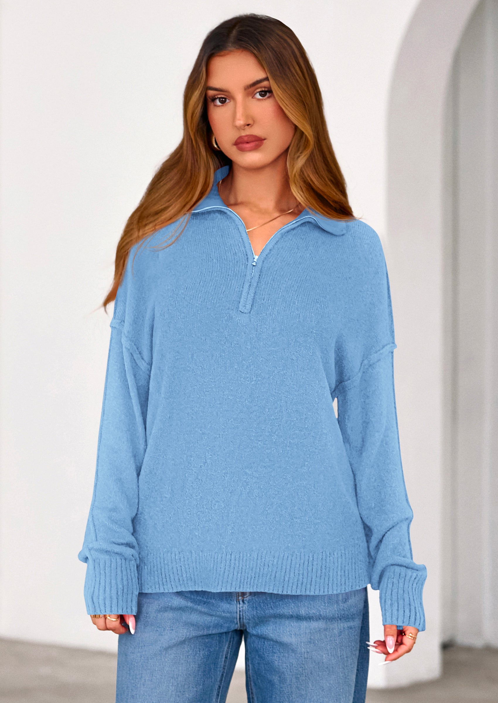 PRETTYGARDEN Womens Sweaters Quarter Zip Pullover Early Fall Fashion Long Sleeve V Neck Collared Knit Winter Jumper Tops